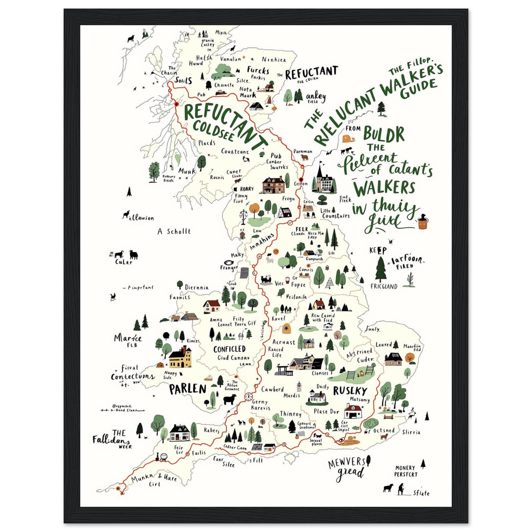 Gorpcore Dog Walking Countryside Framed Print Wall Art Ready to Hang Framed Art Print — detail view | Wild Thread Co