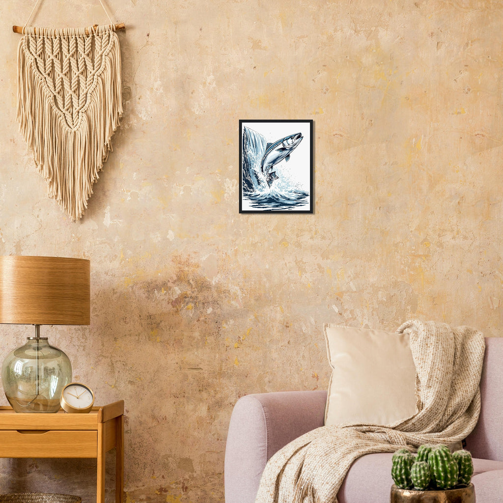 Salmon Leaping Waterfall Determination Framed Art Print — detail view | Wild Thread Co