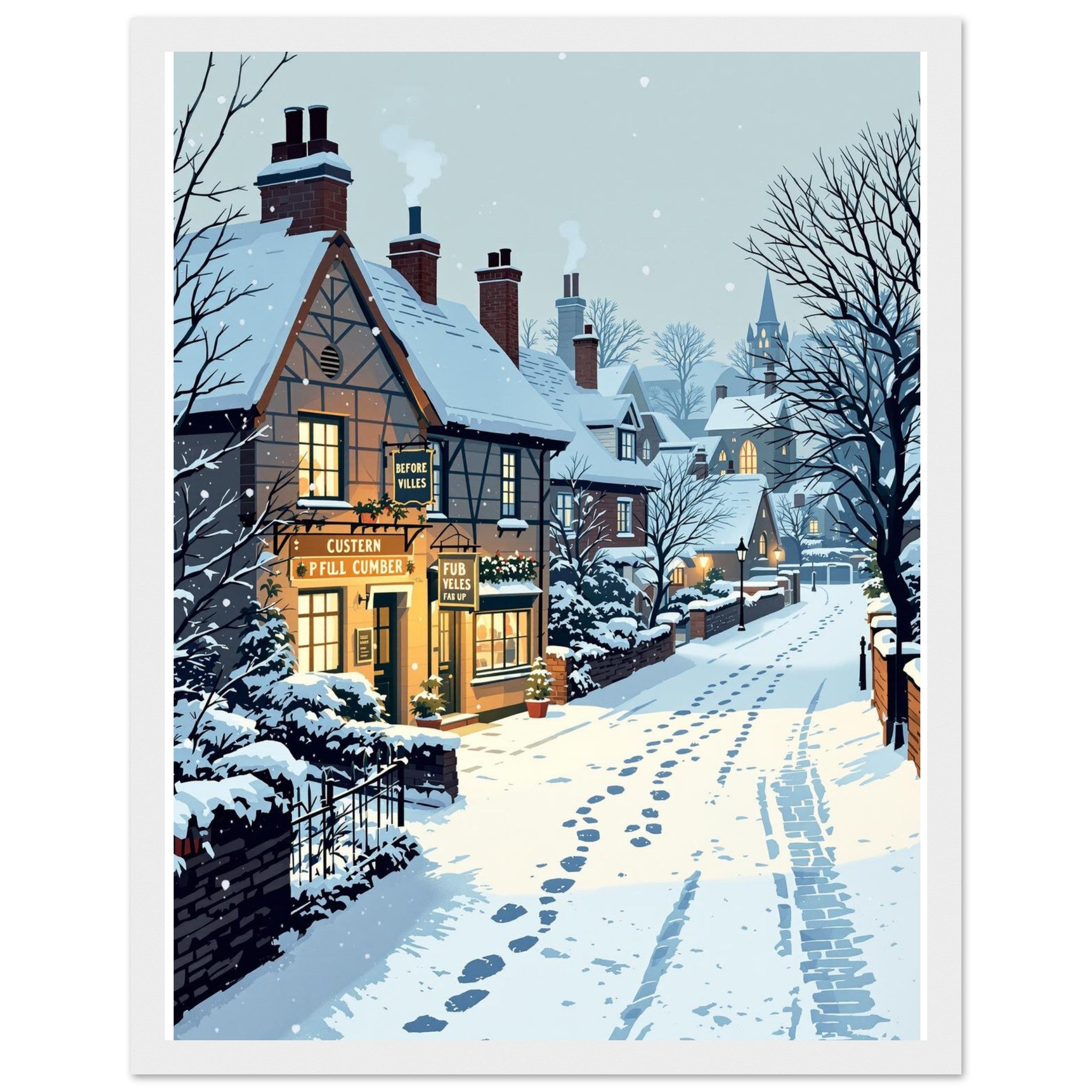 Snowfall Village Pub Light Framed Art Print — detail view | Wild Thread Co