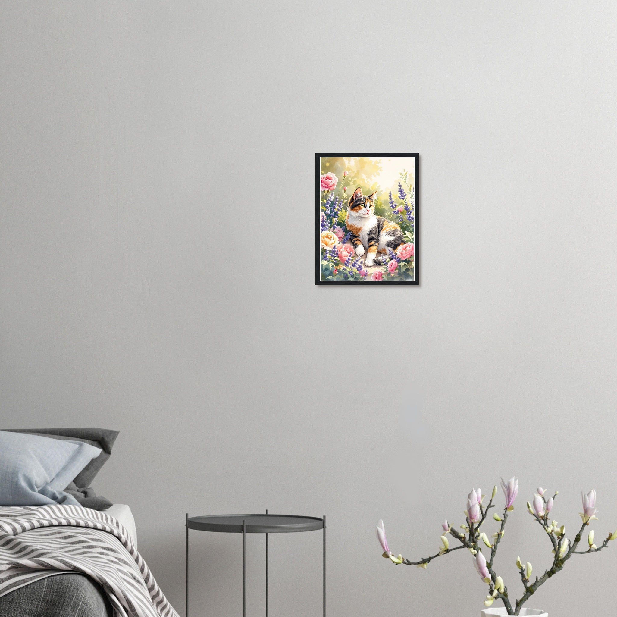 Calico Cat Garden Art Framed Print Wall Art Ready to Hang UK Framed Art Print — detail view | Wild Thread Co