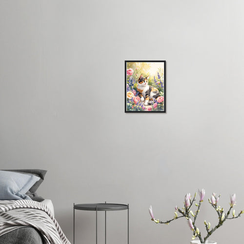 Calico Cat Garden Art Framed Print Wall Art Ready to Hang UK Framed Art Print — detail view | Wild Thread Co