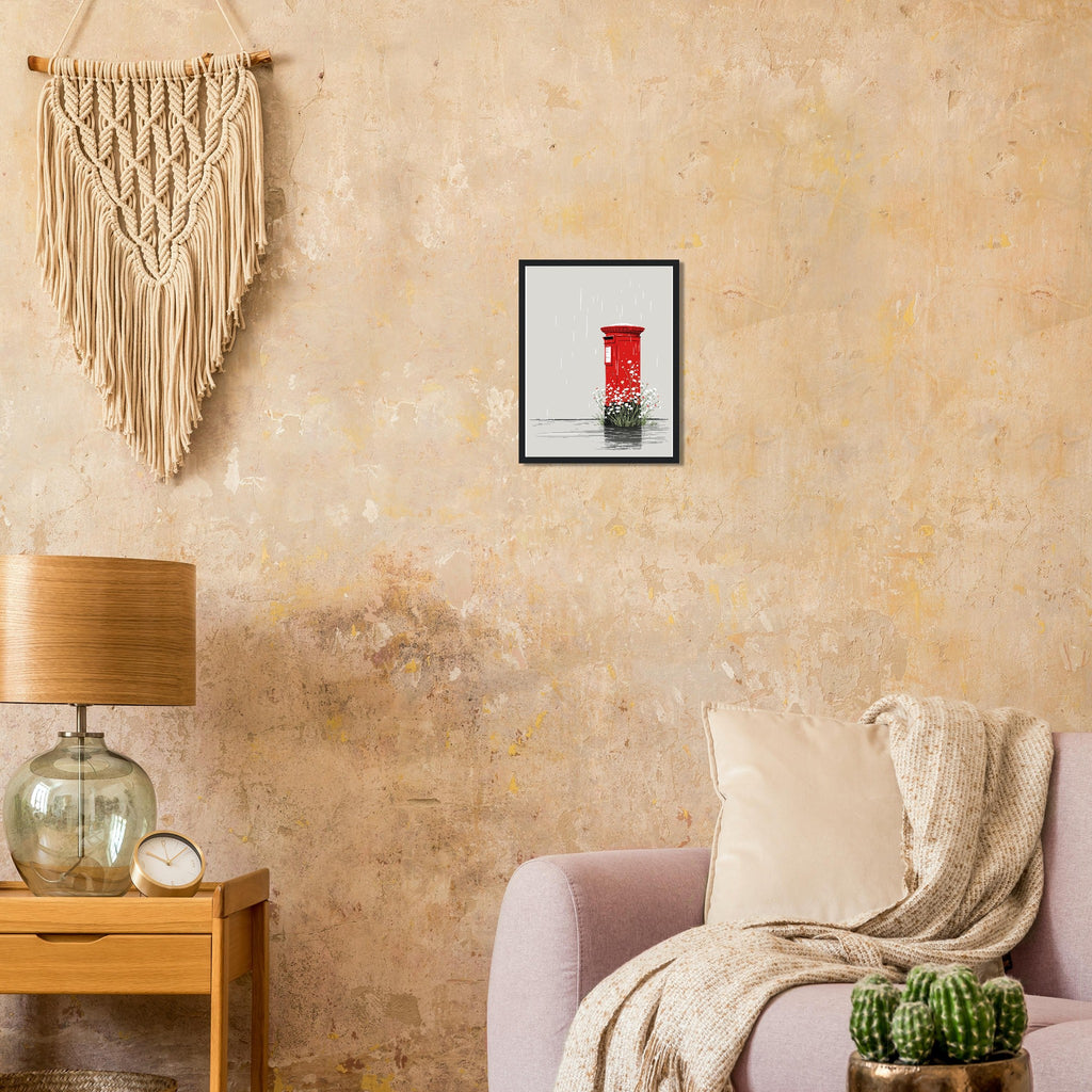 Red Postbox In The Rain Framed Print Wall Art Ready to Hang UK Framed Art Print — detail view | Wild Thread Co