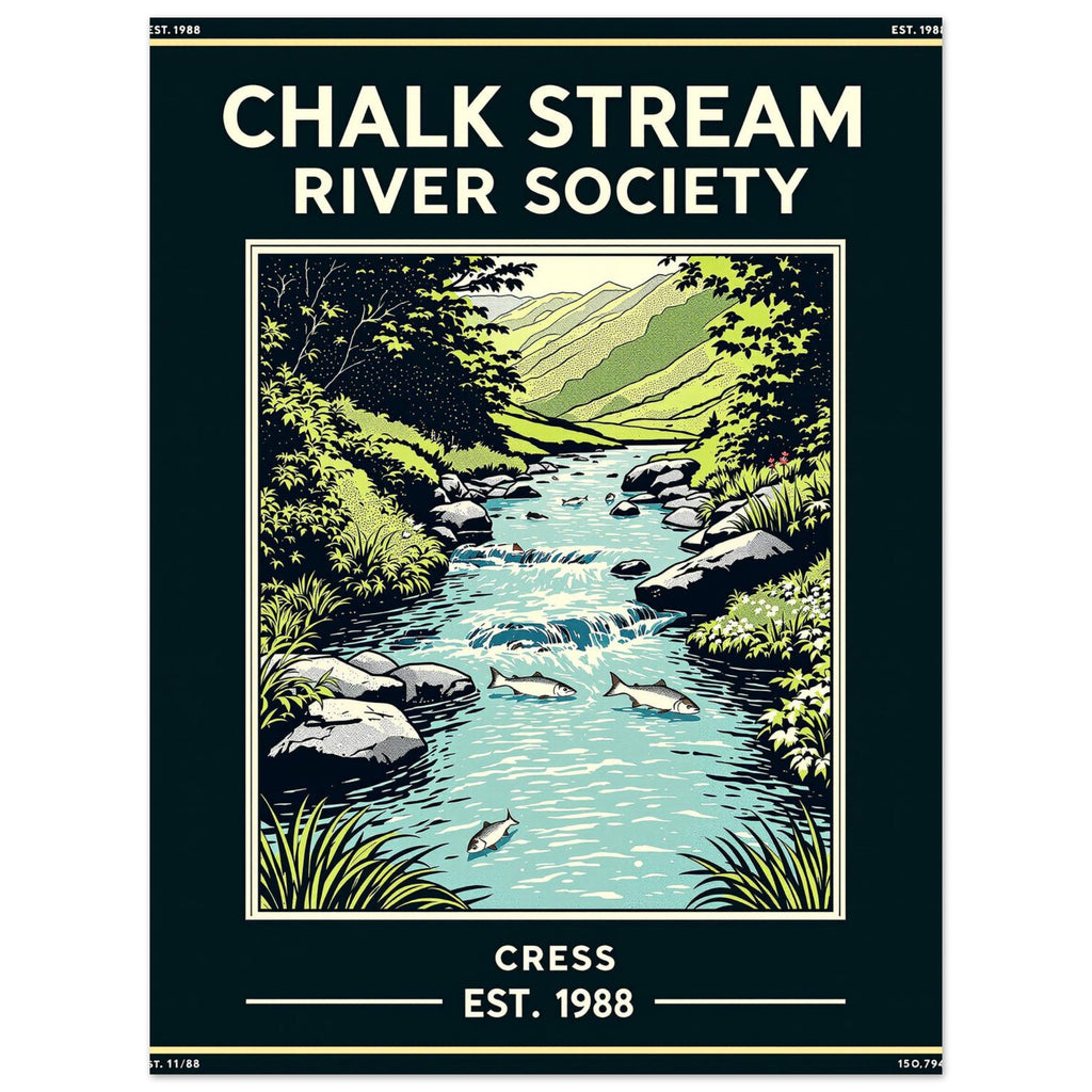 Chalk Stream Vintage Travel Poster Art Print — detail view | Wild Thread Co