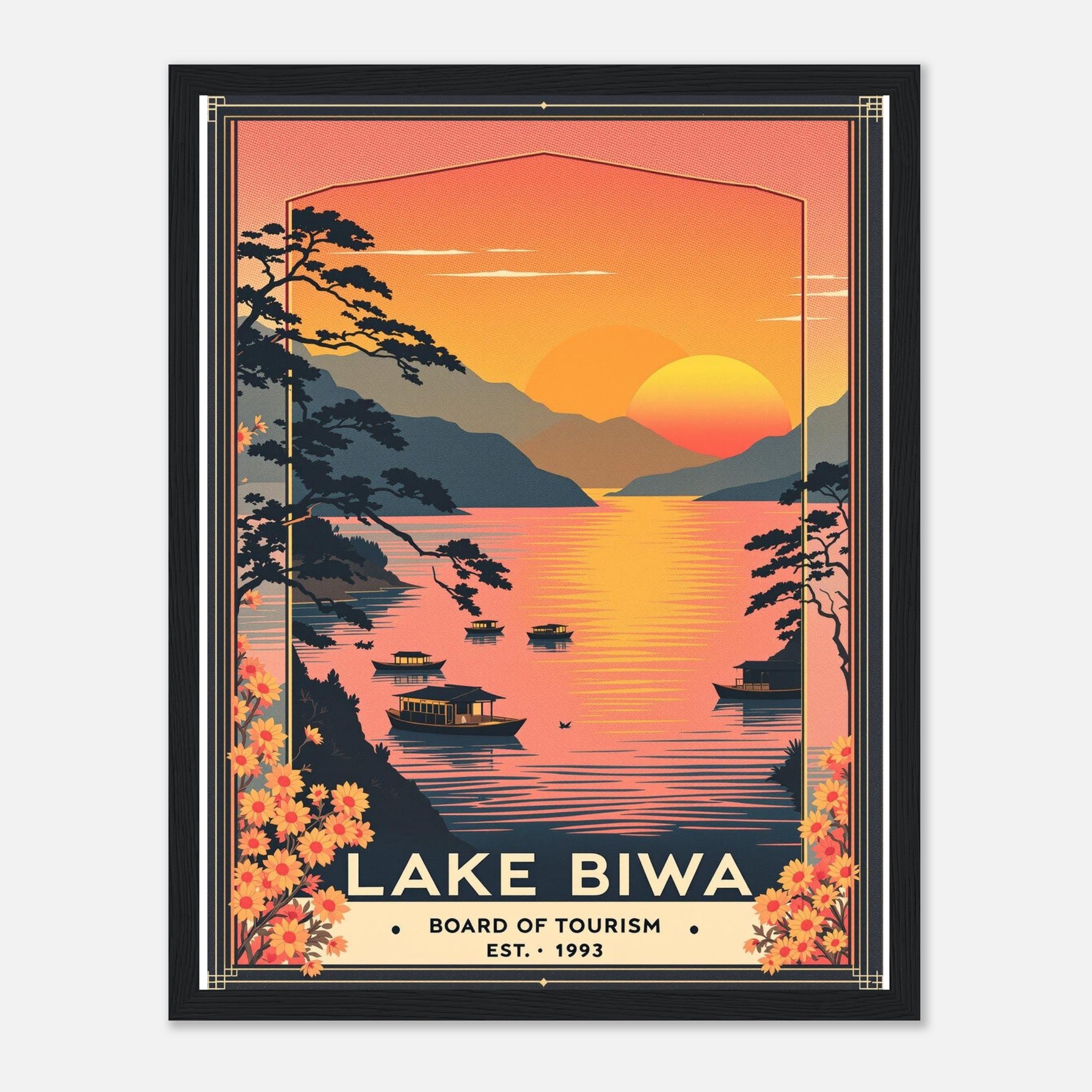 Lake Biwa Vintage Travel Framed Print Wall Art Ready to Hang UK Framed Art Print — detail view | Wild Thread Co