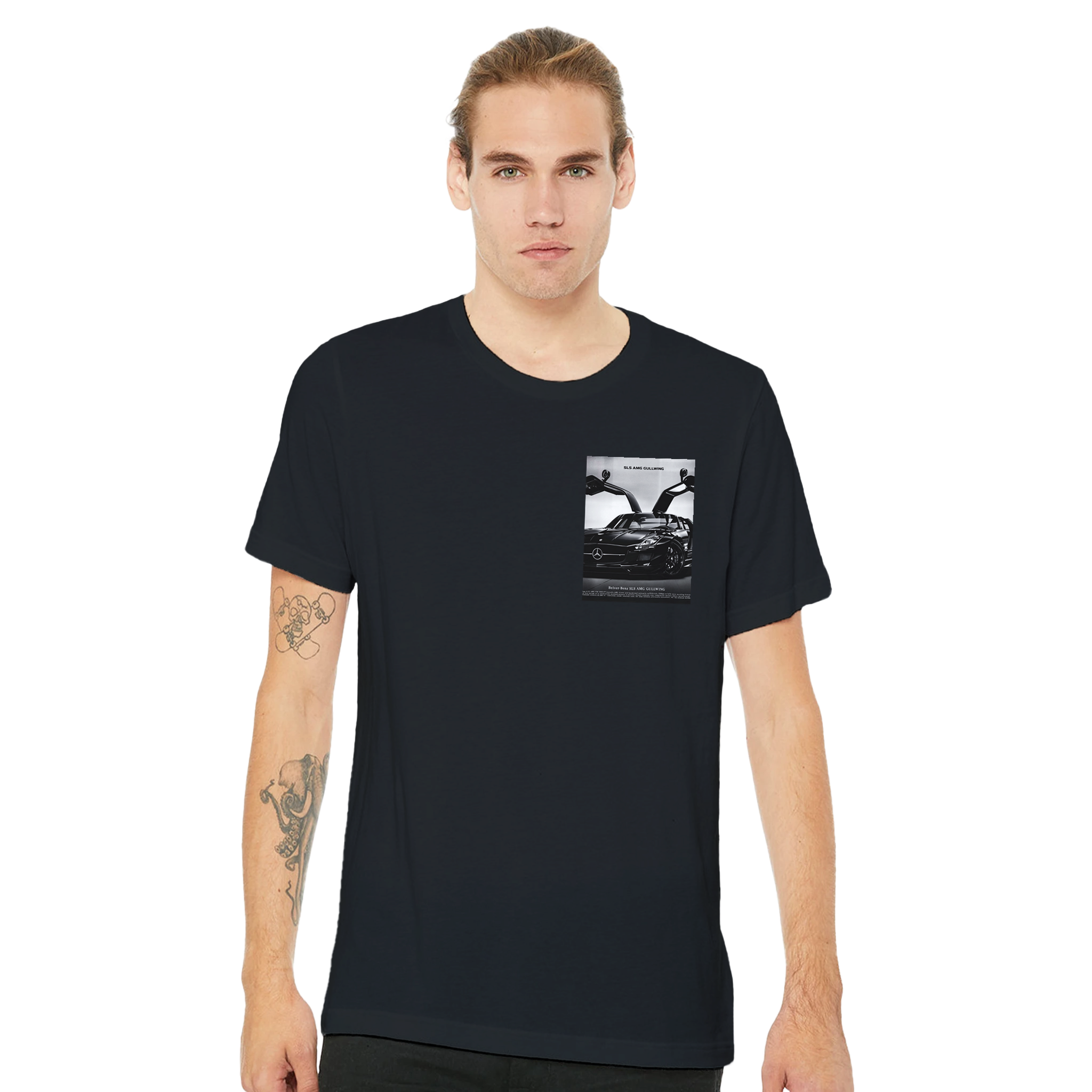 Mercedes Sls Amg Gullwing Black Drama T-Shirt Unisex Cotton Tee UK T-Shirt — detail view | Wild Thread Co