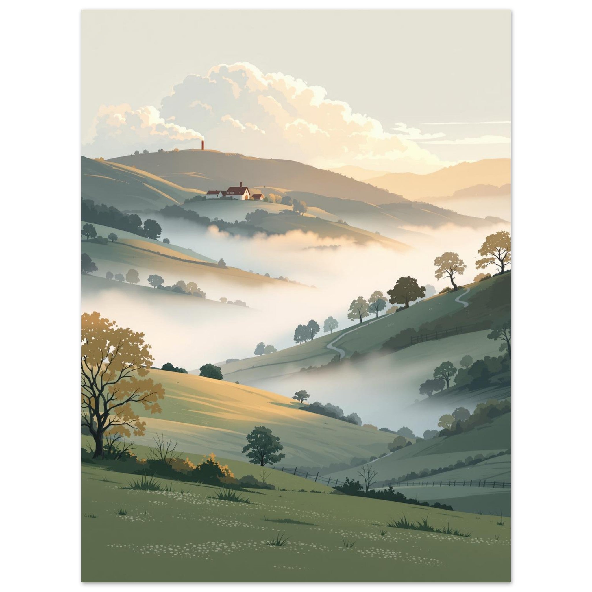 Morning Mist Valley Farm Art Wall Art UK Art Print Poster Wall Art UK UK Gift Art Print — detail view | Wild Thread Co
