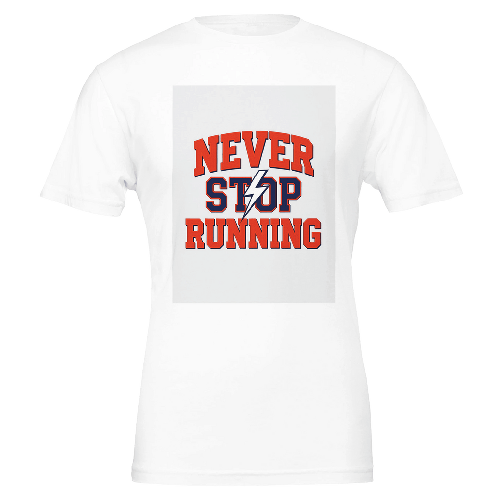 Never Stop Running Varsity Athletic T-Shirt | Retro Sports Runner Gift UK - Wild Thread Co