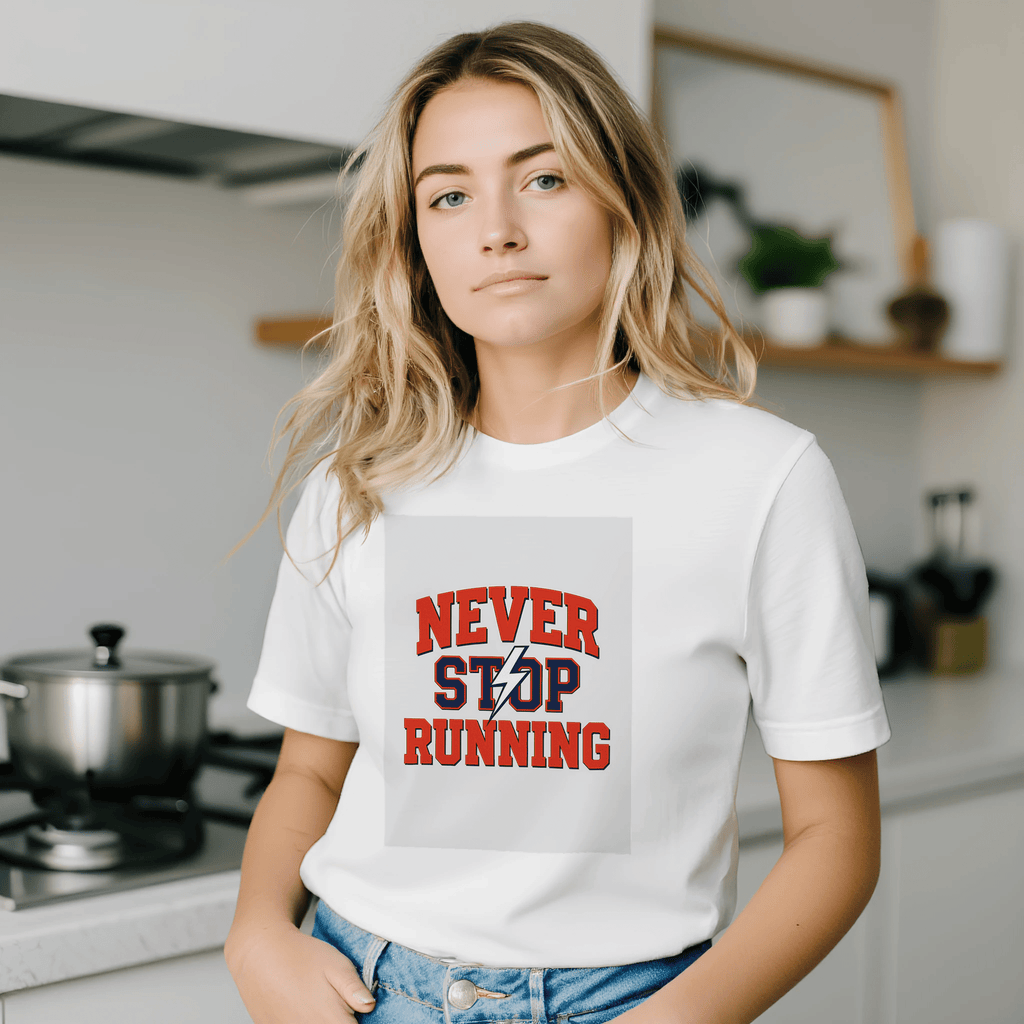 Never Stop Running Varsity Athletic T-Shirt | Retro Sports Runner Gift UK - Wild Thread Co