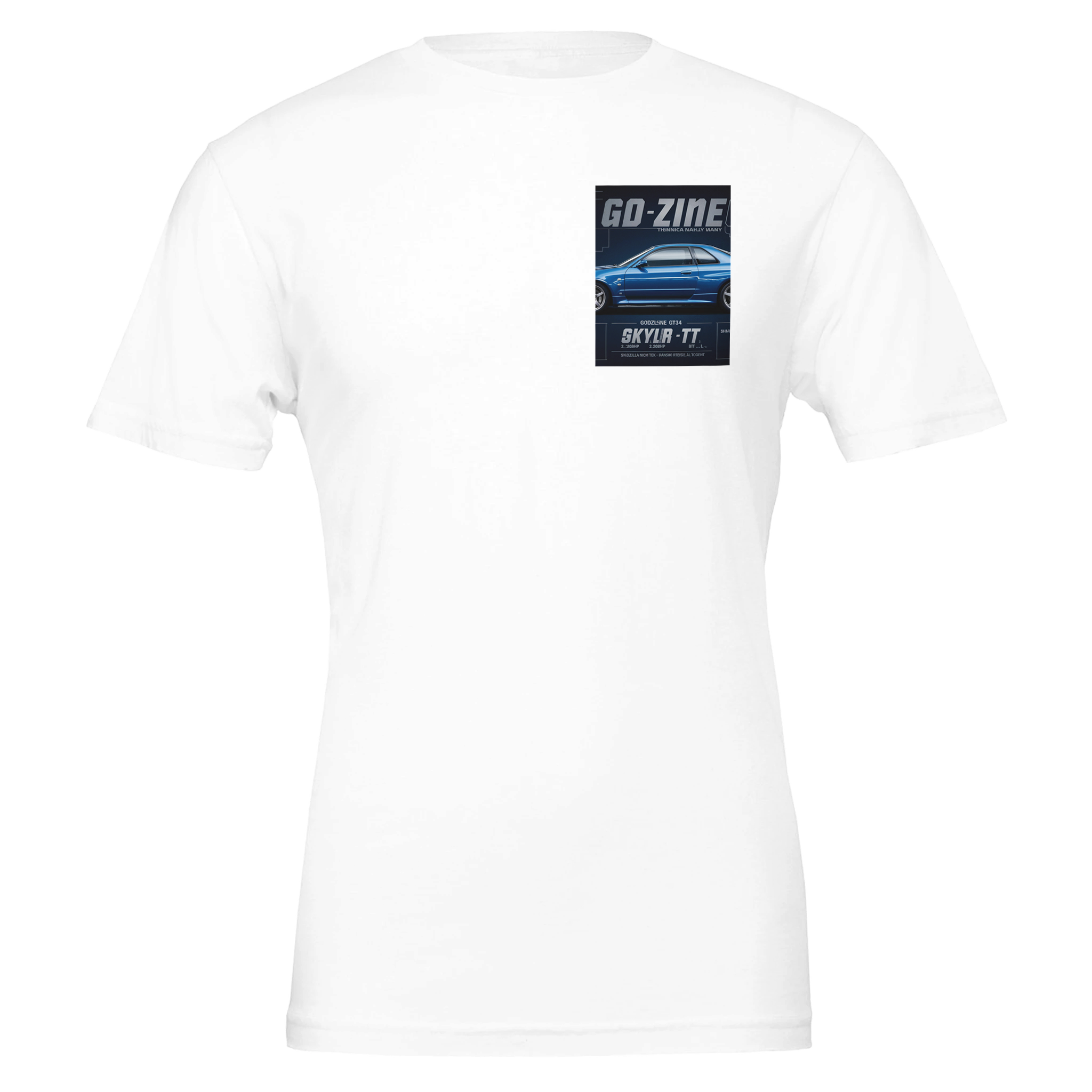 Nissan Skyline R34 Gtr Blueprint Blue T-Shirt — detail view | Wild Thread Co