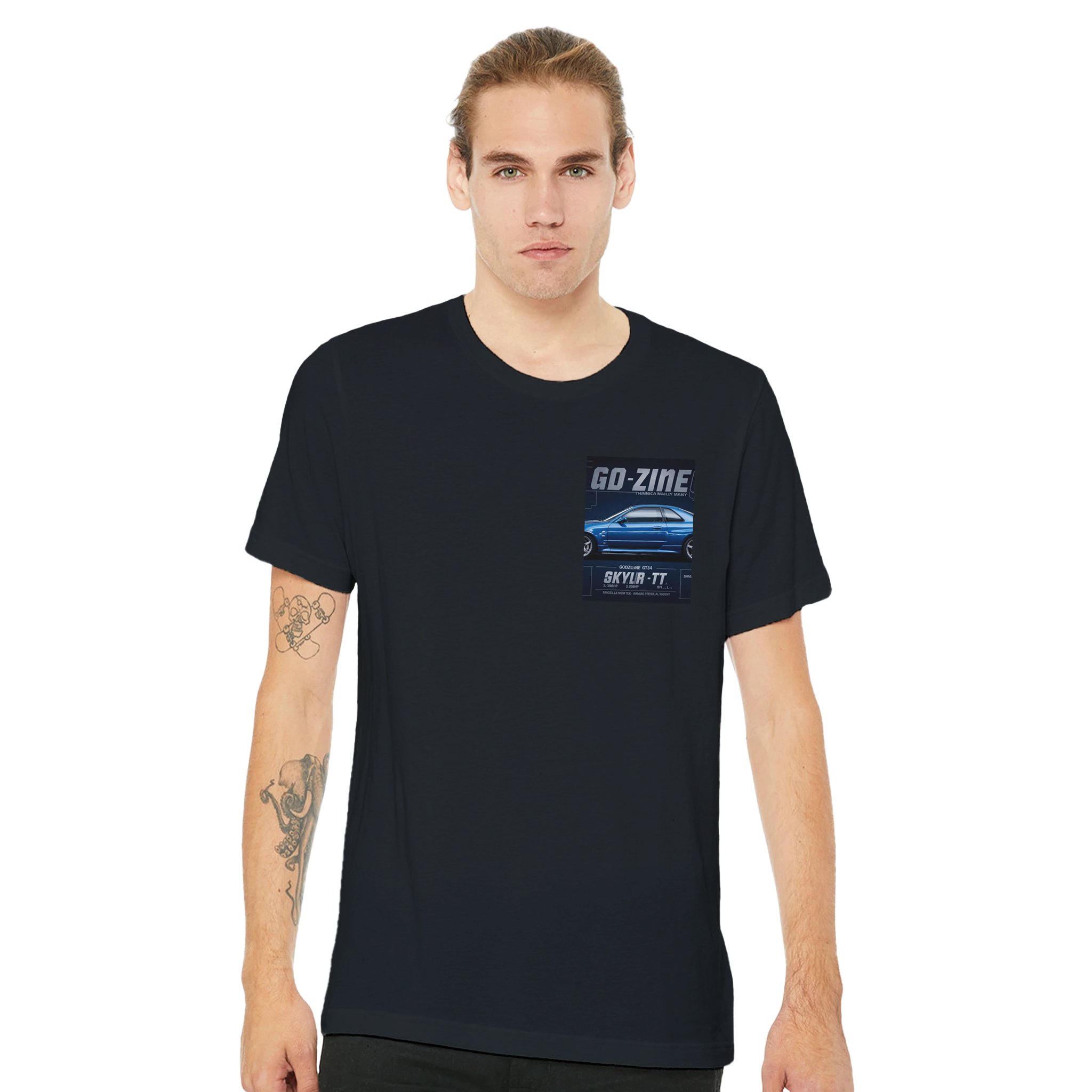 Nissan Skyline R34 Gtr Blueprint Blue T-Shirt — detail view | Wild Thread Co