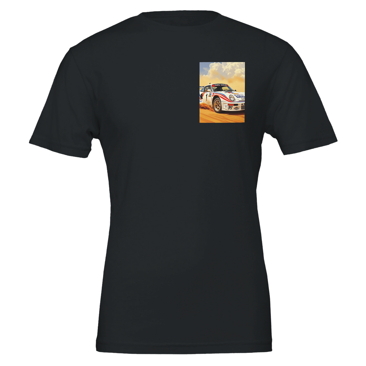 Porsche 959 Dakar Rally Rothmans UK Gift T-Shirt — detail view | Wild Thread Co