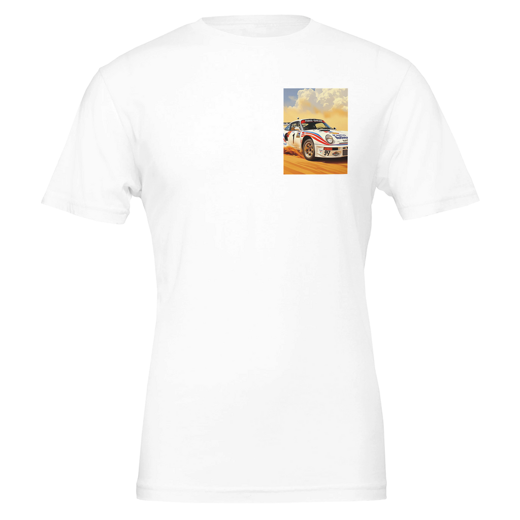 Porsche 959 Dakar Rally Rothmans UK Gift T-Shirt — detail view | Wild Thread Co