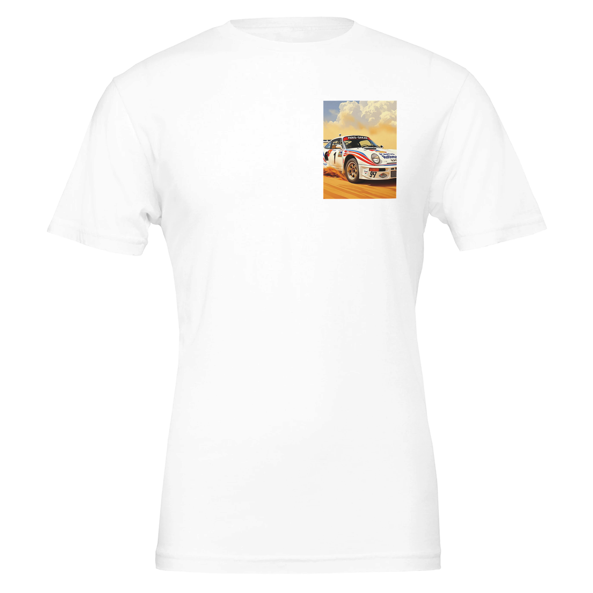 Porsche 959 Dakar Rally Rothmans UK Gift T-Shirt — detail view | Wild Thread Co