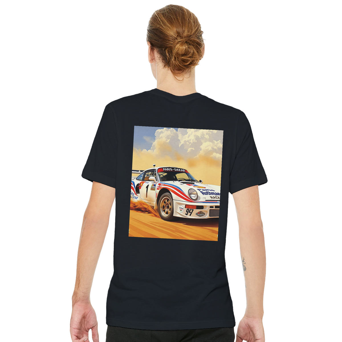 Porsche 959 Dakar Rally Rothmans UK Gift T-Shirt — detail view | Wild Thread Co