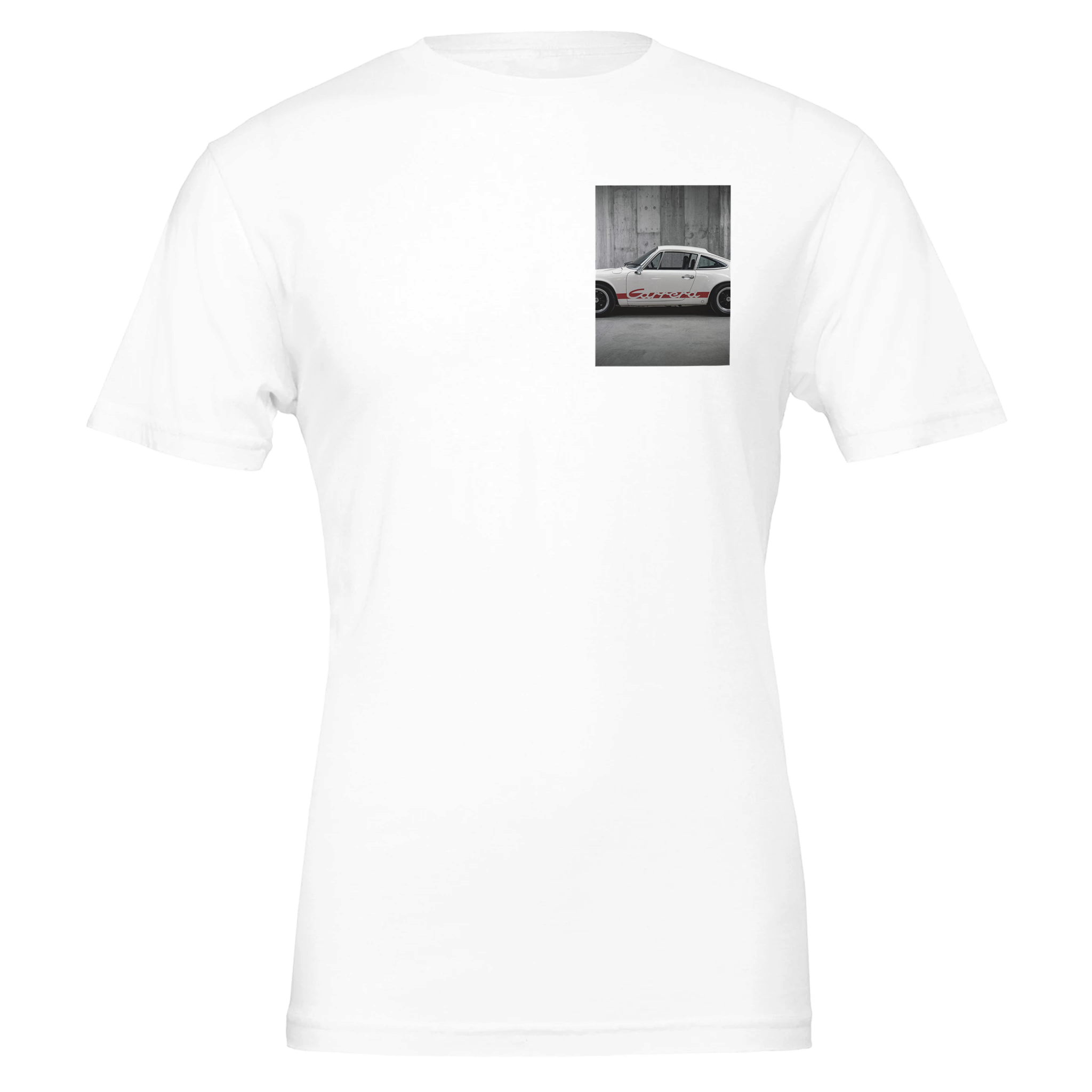 Porsche Carrera Rs 2.7 White Ducktail T-Shirt — detail view | Wild Thread Co