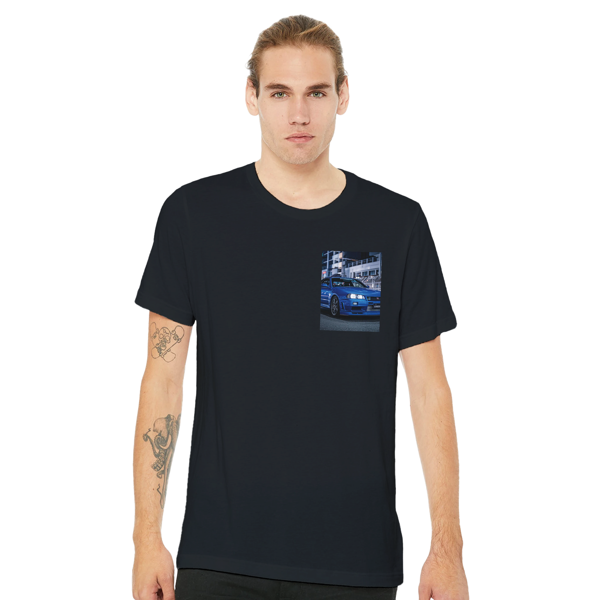 R34 Skyline Midnight T-Shirt — detail view | Wild Thread Co