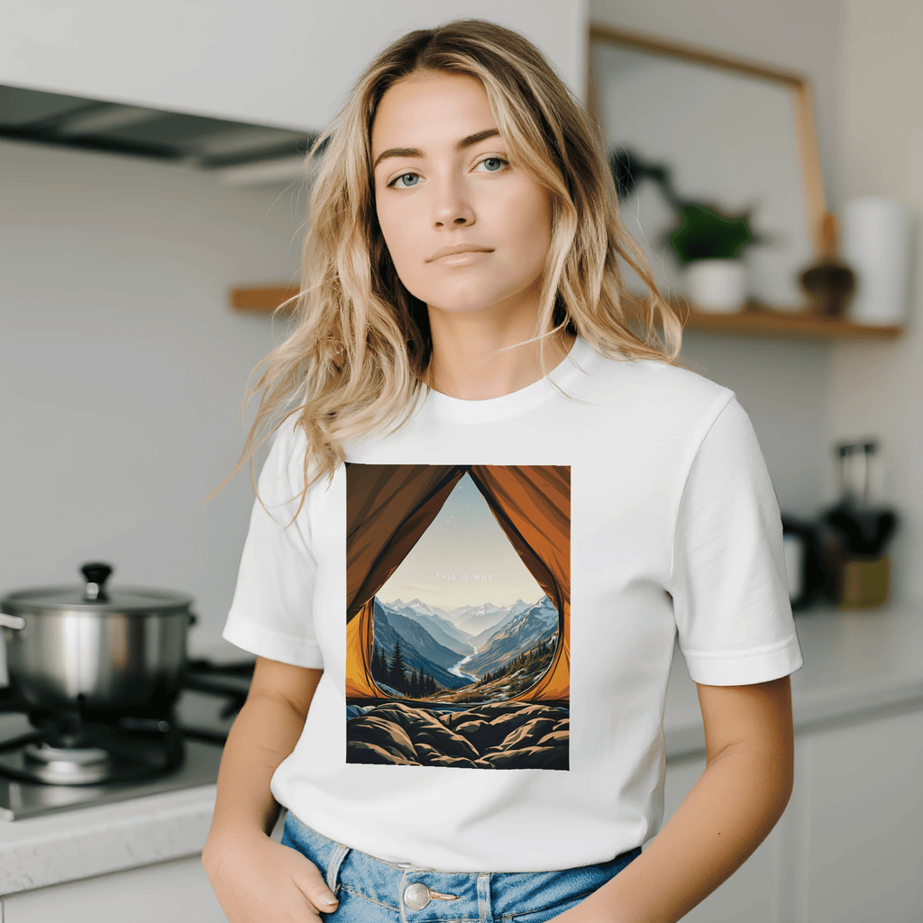 Wild Camping Mountain Morning T-Shirt | Tent Doorway View Tee - Wild Thread Co