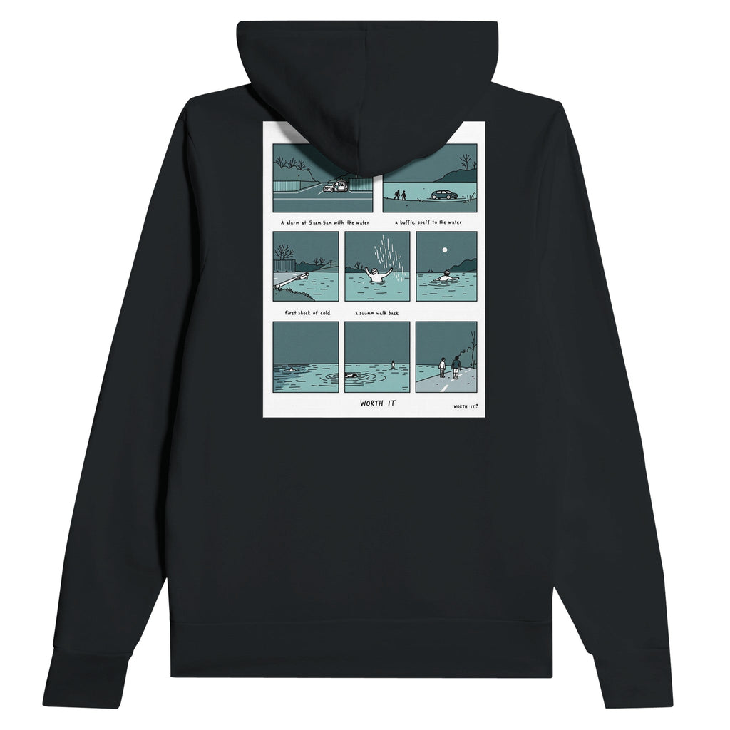 Wild Swimming Morning Ritual Comic Strip Navy Hoodie | Cold Water Therapy Hoodie - Wild Thread Co