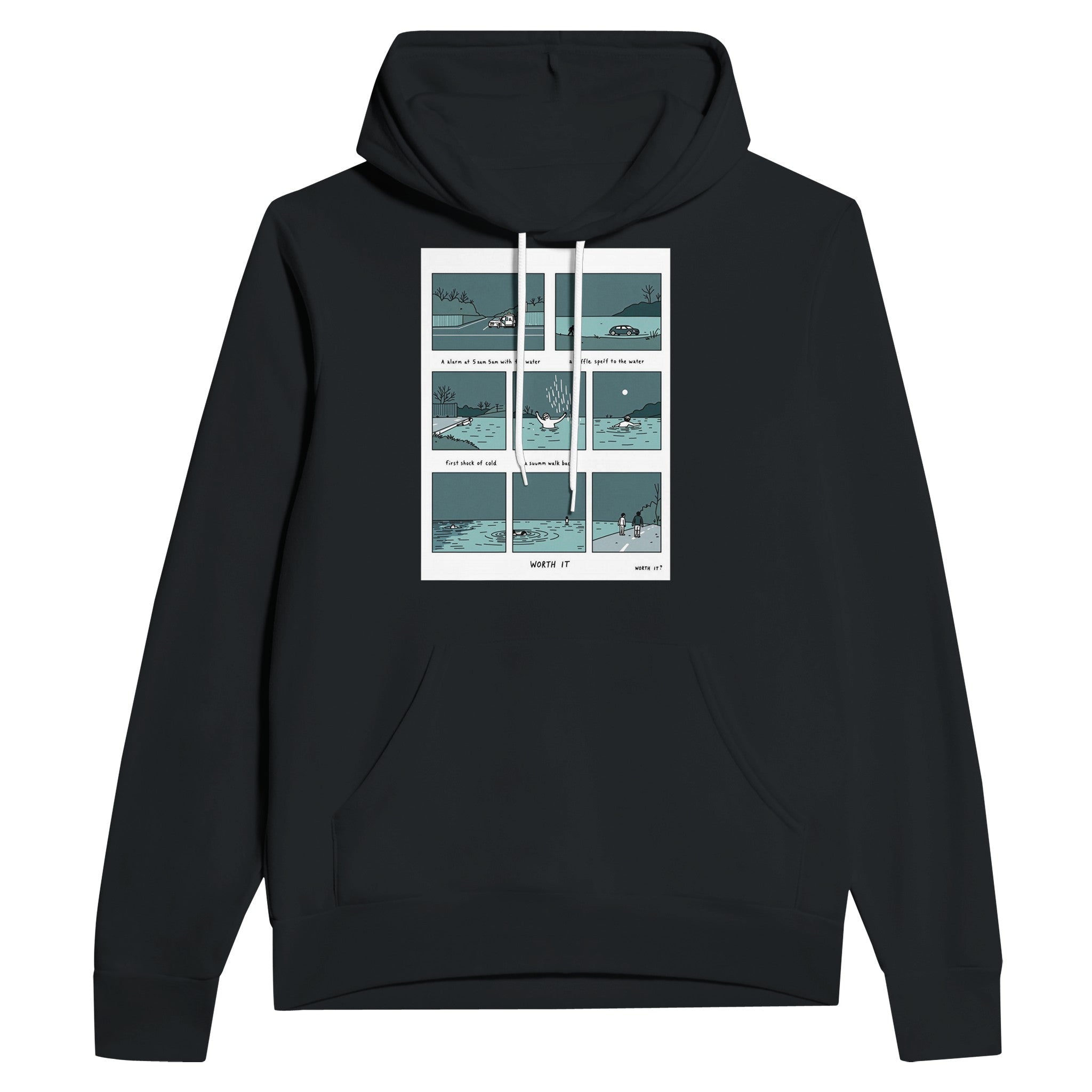 Wild Swimming Morning Ritual Comic Strip Navy Hoodie | Cold Water Therapy Hoodie - Wild Thread Co