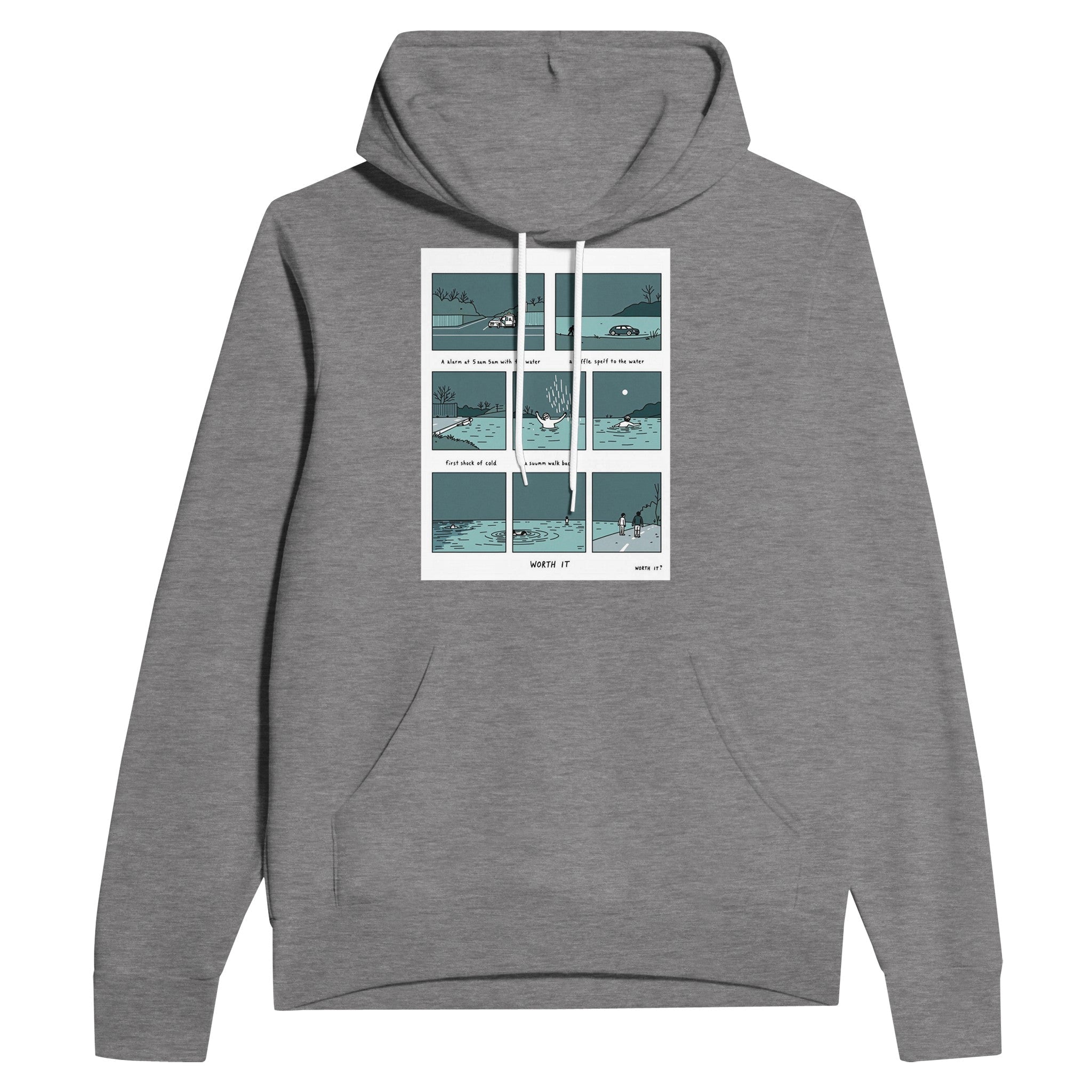 Wild Swimming Morning Ritual Comic Strip Navy Hoodie | Cold Water Therapy Hoodie - Wild Thread Co