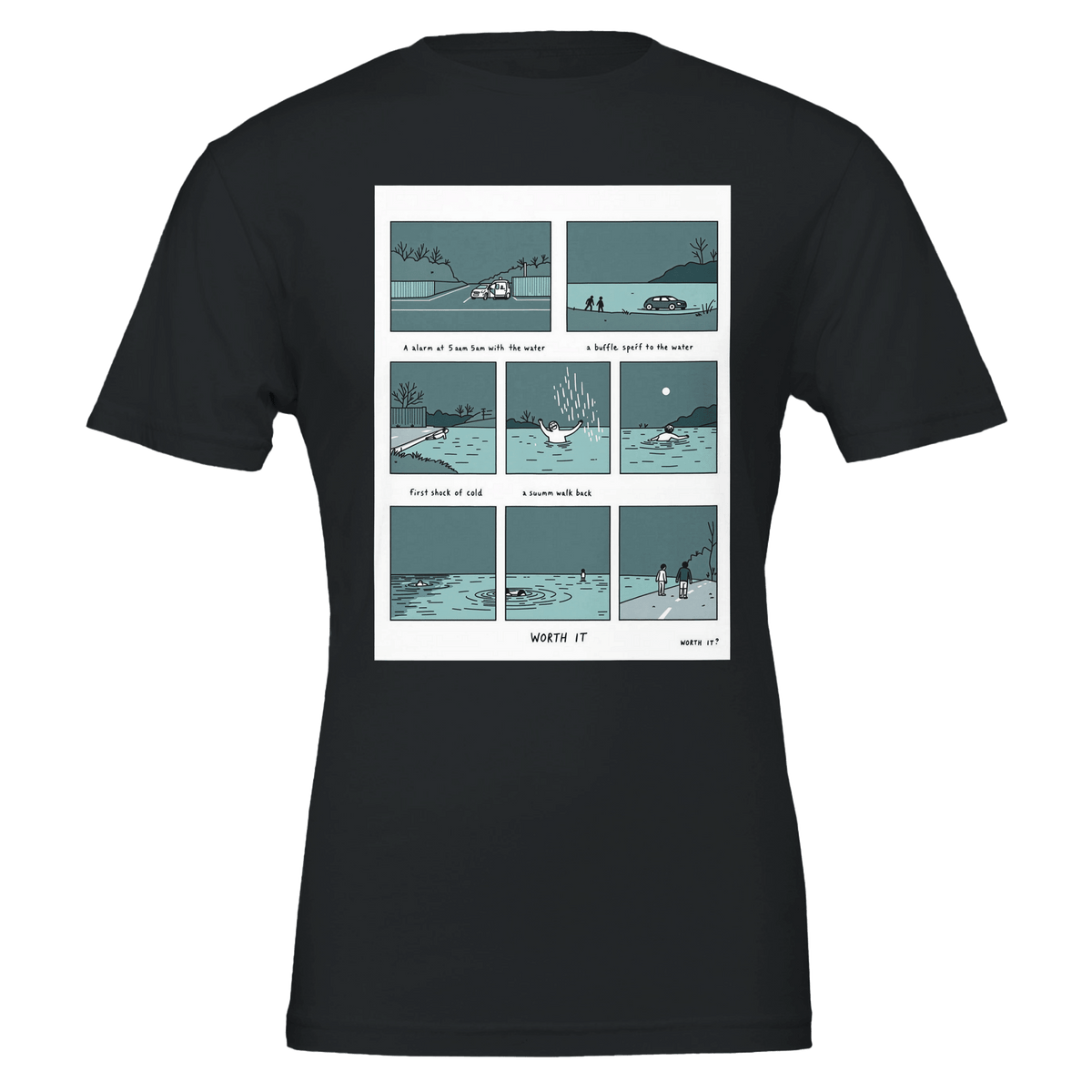 Wild Swimming Morning Ritual Comic Strip T-Shirt | Cold Water Therapy Tee - Wild Thread Co